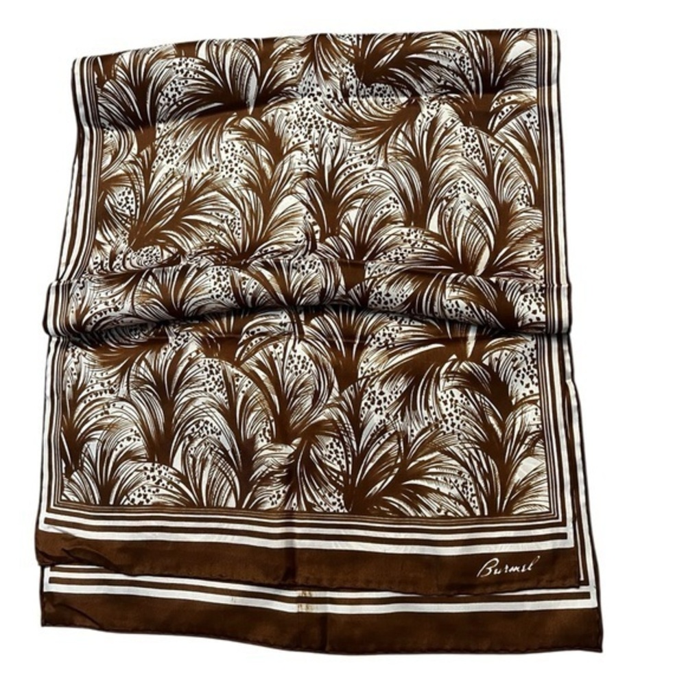 Vintage Burmel Hand Rolled Oblong Brown & White Frond Print Silk Scarf 15x 43
